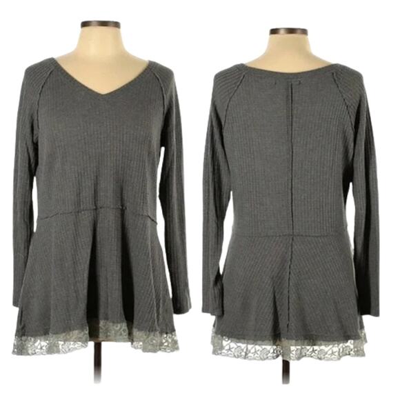 Merokeety Gray Thermal And Lace Long Sleeve Tunic Top Size Large - Picture 1 of 9